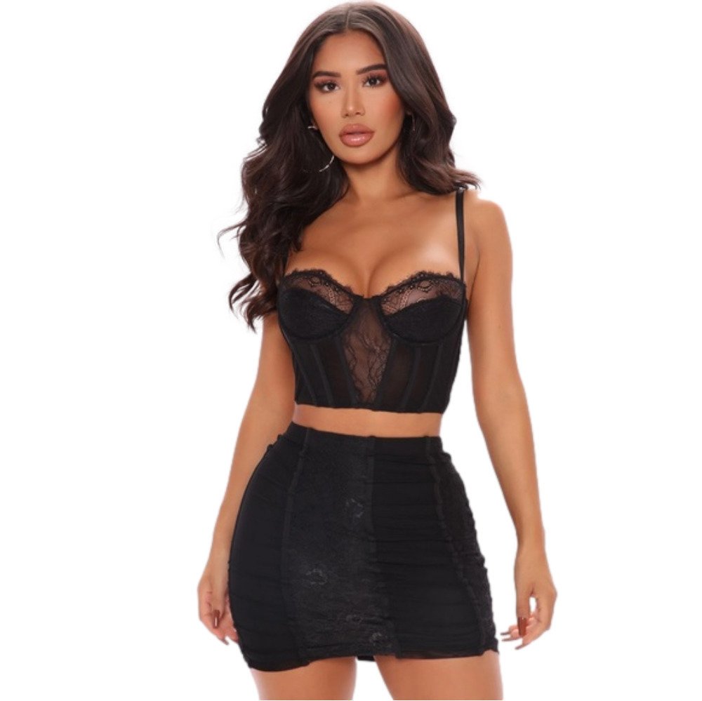 Breaking Hearts Lace Mini Skirt Set - Black